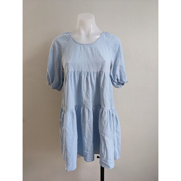 Amorini Size XS Baby Doll Tiered Shift Dress Light Blue Cotton Short Sleeves - Picture 7 of 14